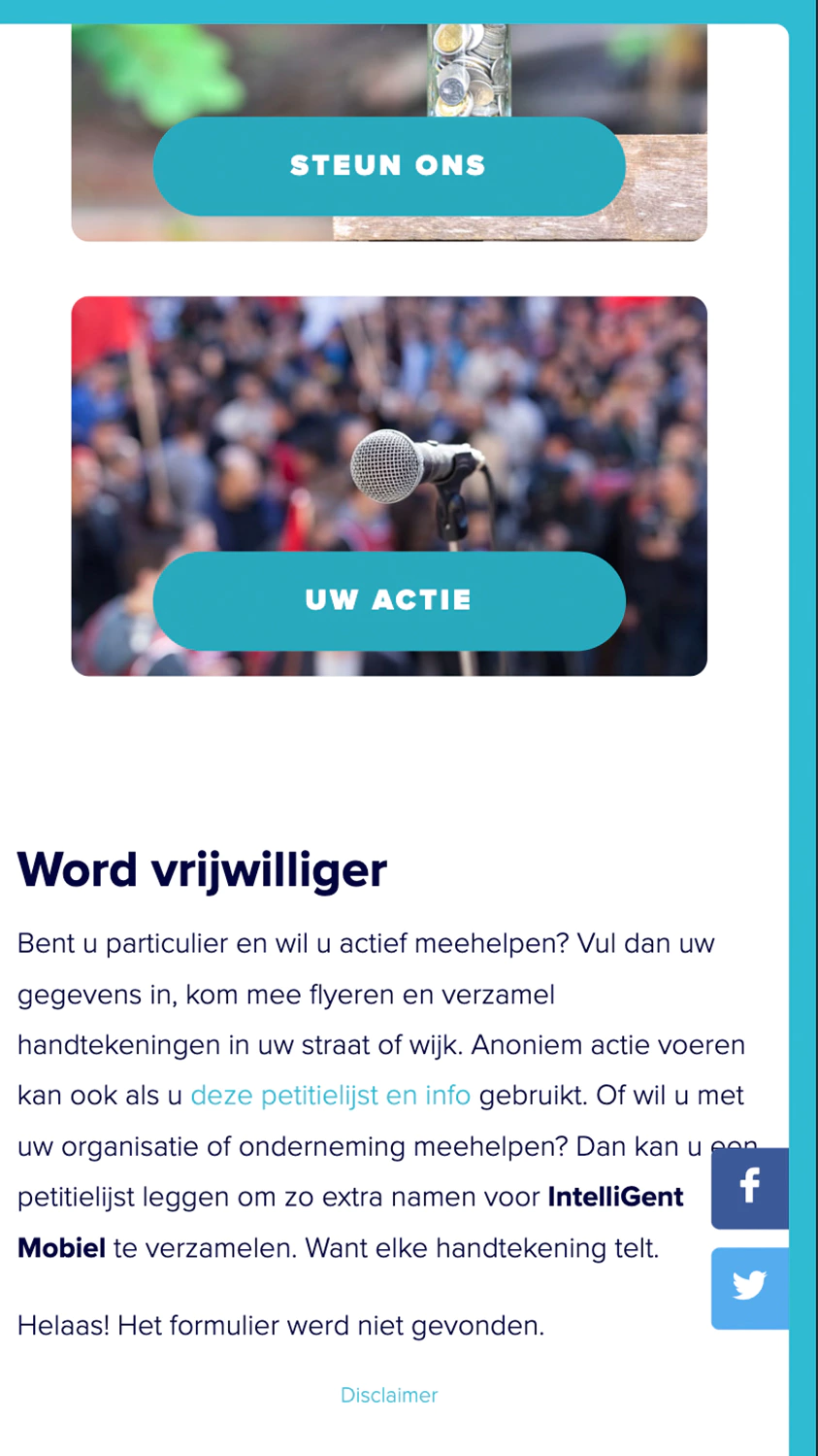 vrijwilligers pagina web design op mobiel toestel