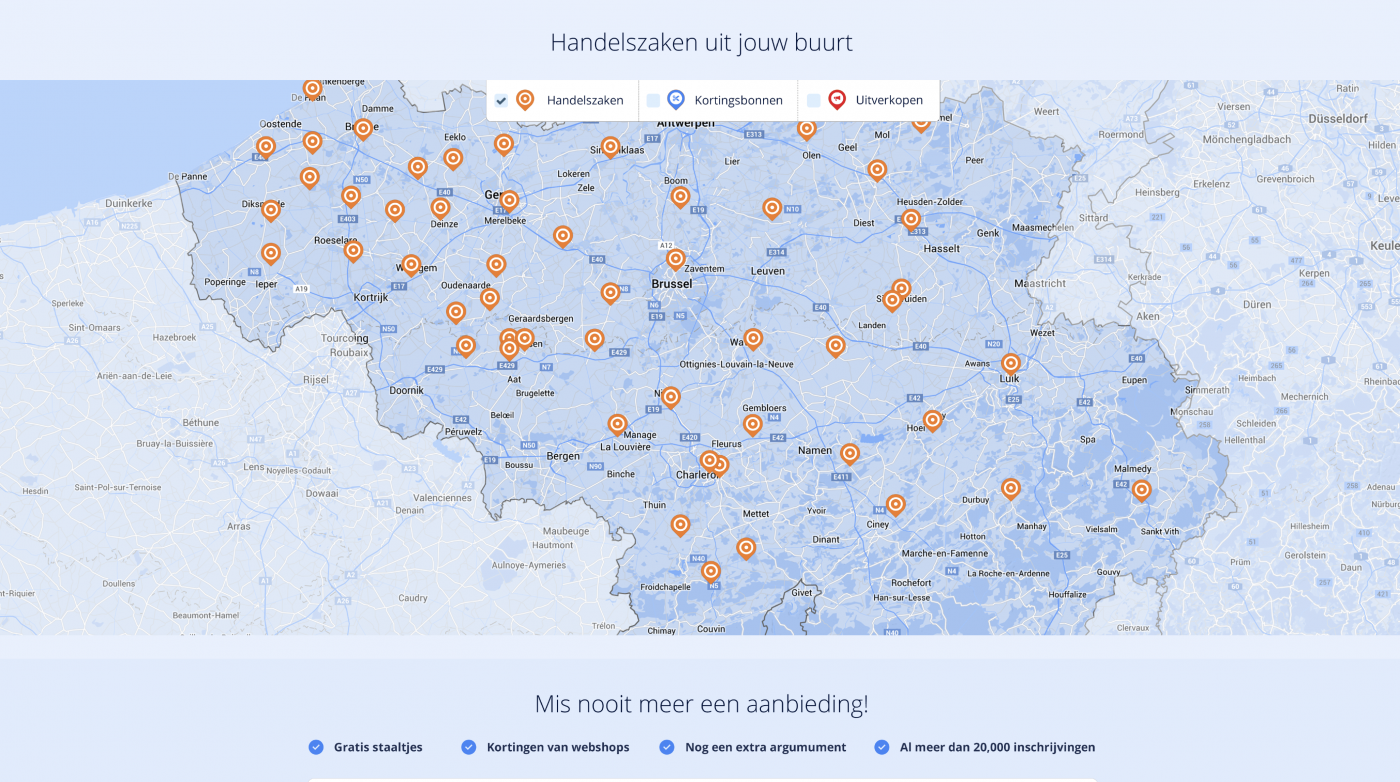 Landkaart van België met deelnemende handelszaken
