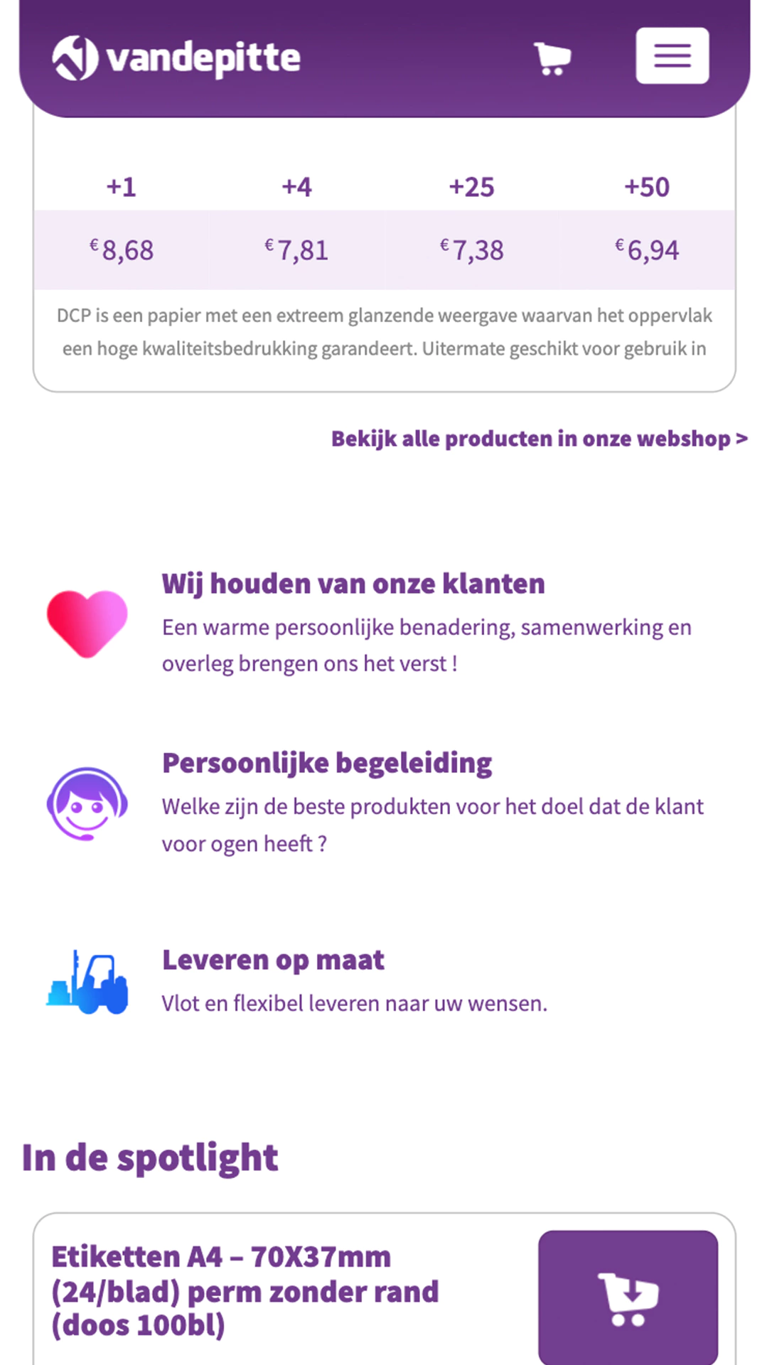 B2B webshop product call to action mobiel