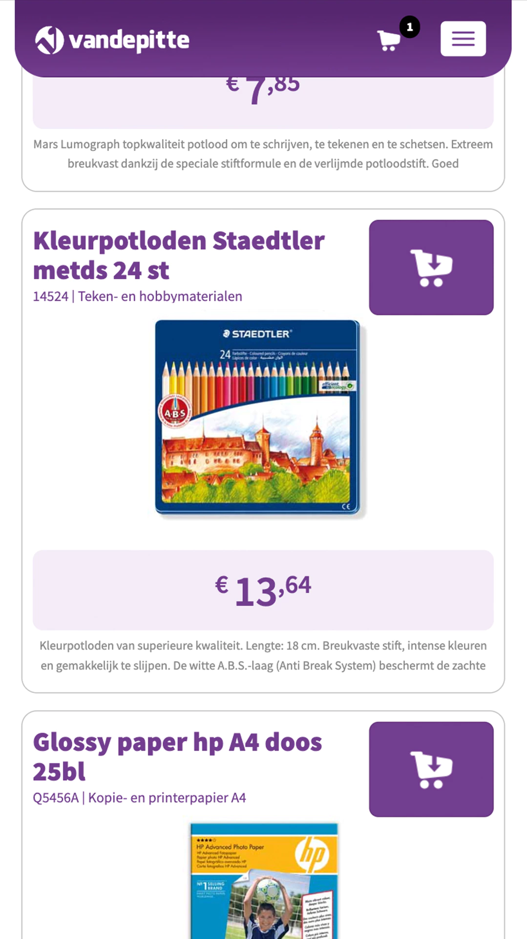 B2B webshop product detail pagina mobiel