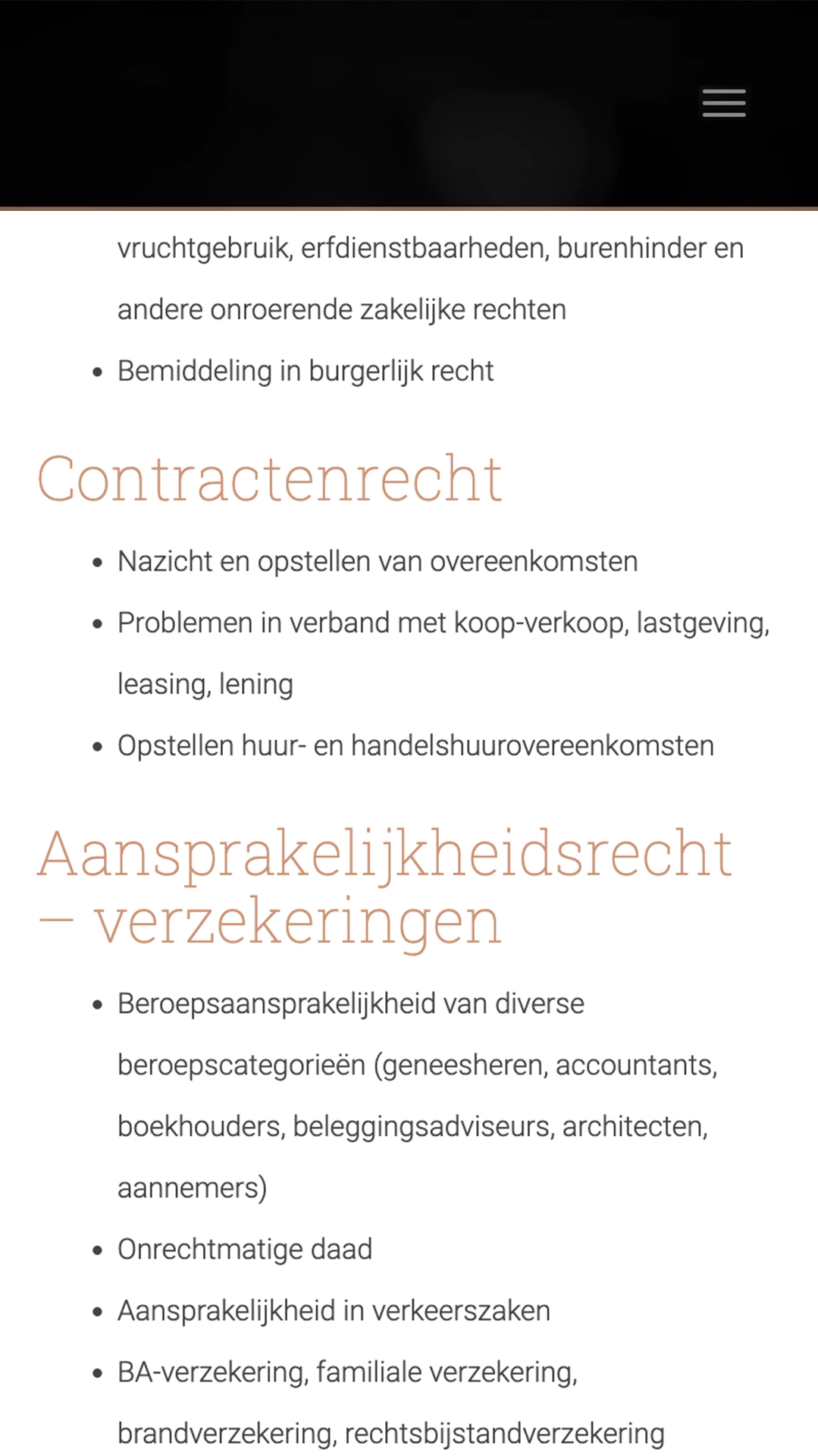 screenshot pagina op mobiele pagina Luxe website voor advocatenbedrijf