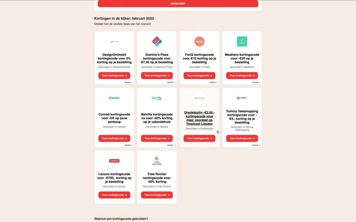 kortingscodes op de homepagina van kortingscode